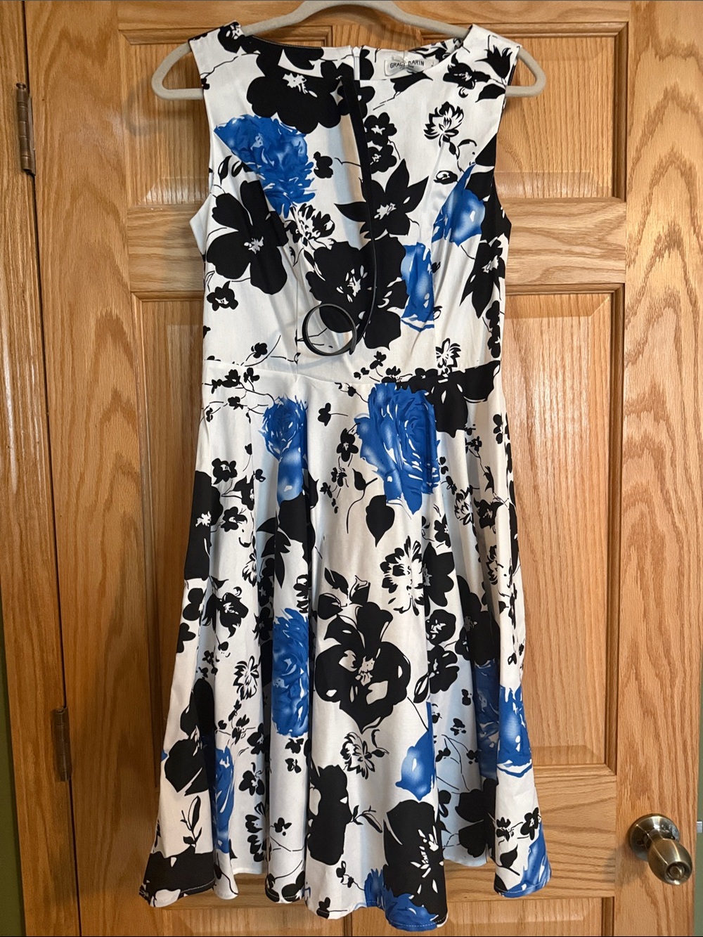 Grace Karin White Midi Dress with Blue & Black Floral Print
